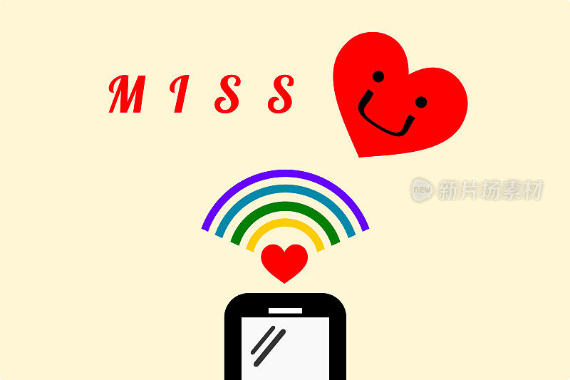 有wifi信号的智能手机。平面设计中有“Miss”和“smile heart”卡通图案。插图在技术和爱的概念。与爱。
